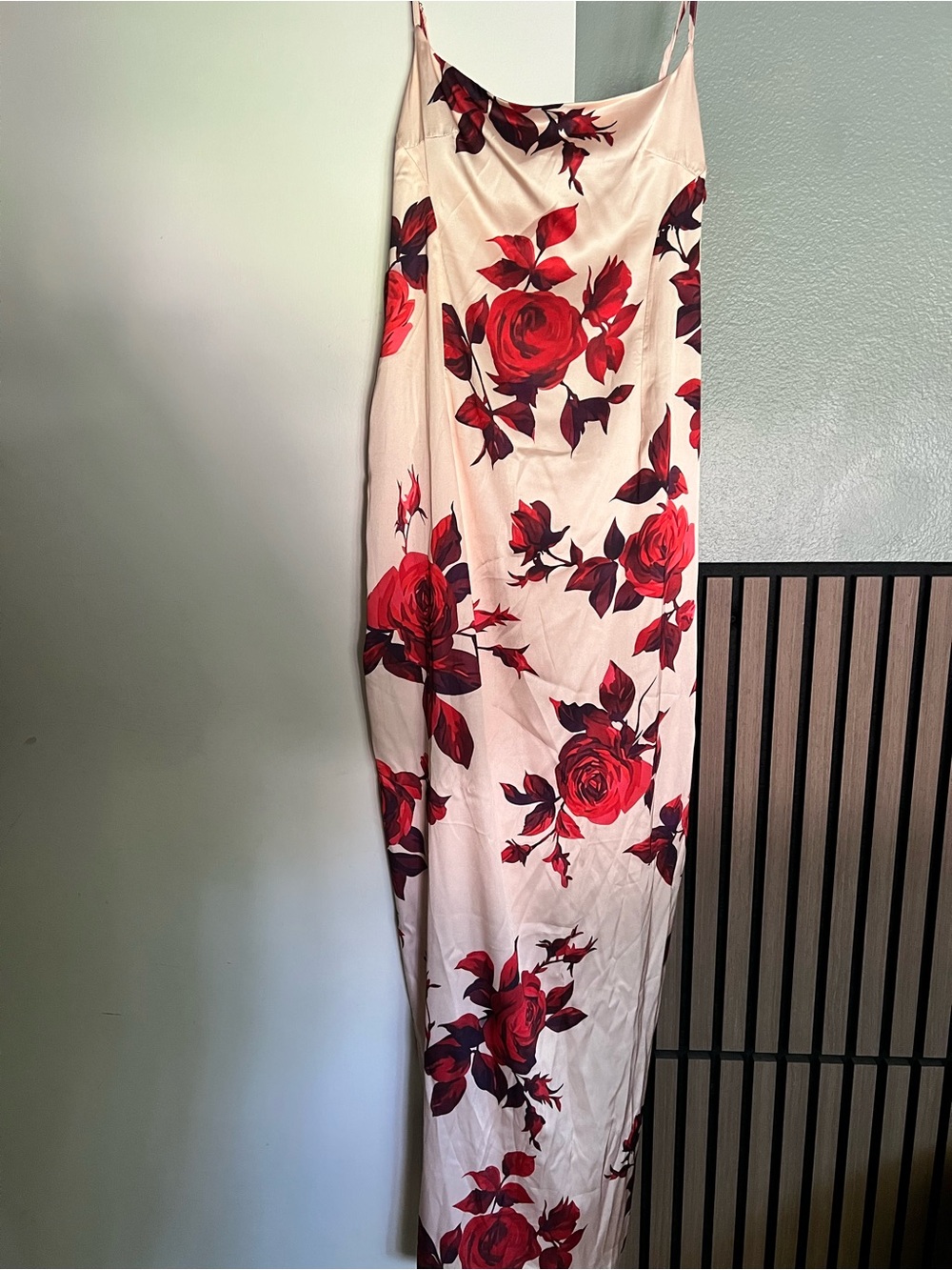 Sleeveless Cream Maxi Dress with Red Rose Print
